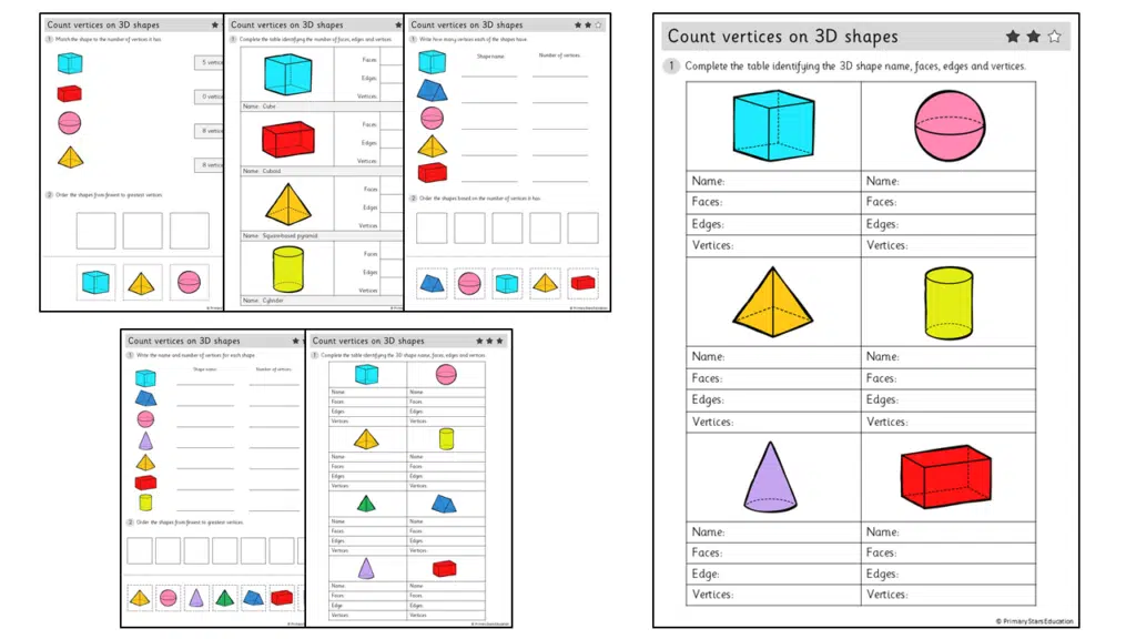 count vertices on 3d shapes worksheets primary stars education