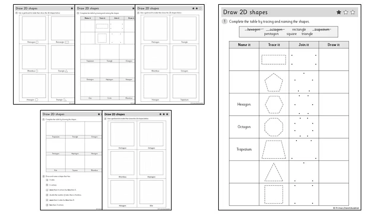 draw 2d shapes worksheets primary stars education