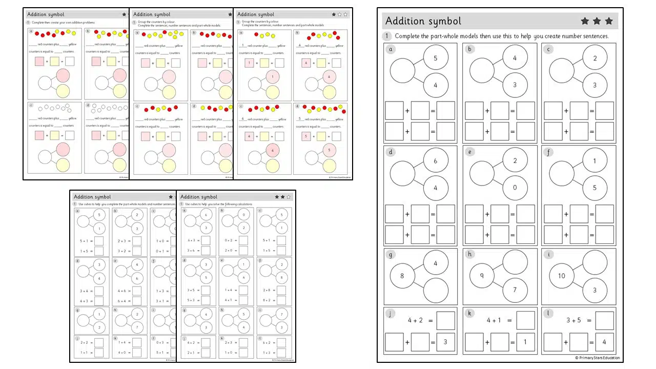 Addition symbol (within 25)  Worksheets – Primary Stars Education In Part Part Whole Worksheet