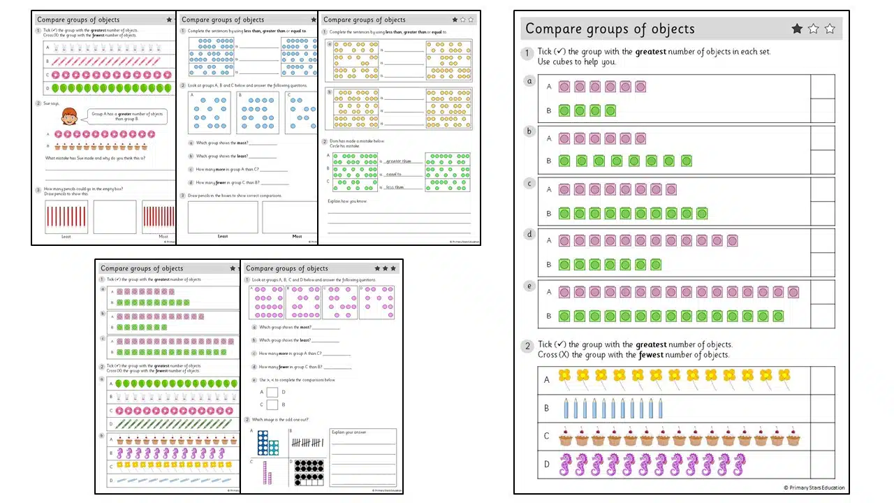 Compare groups of objects (within 20) Worksheets Primary Stars