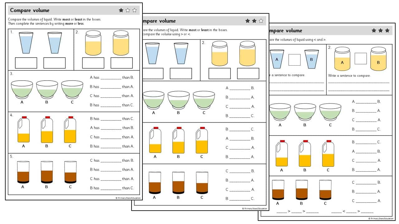 Compare capacity  Worksheets – Primary Stars Education With Measuring Liquid Volume Worksheet