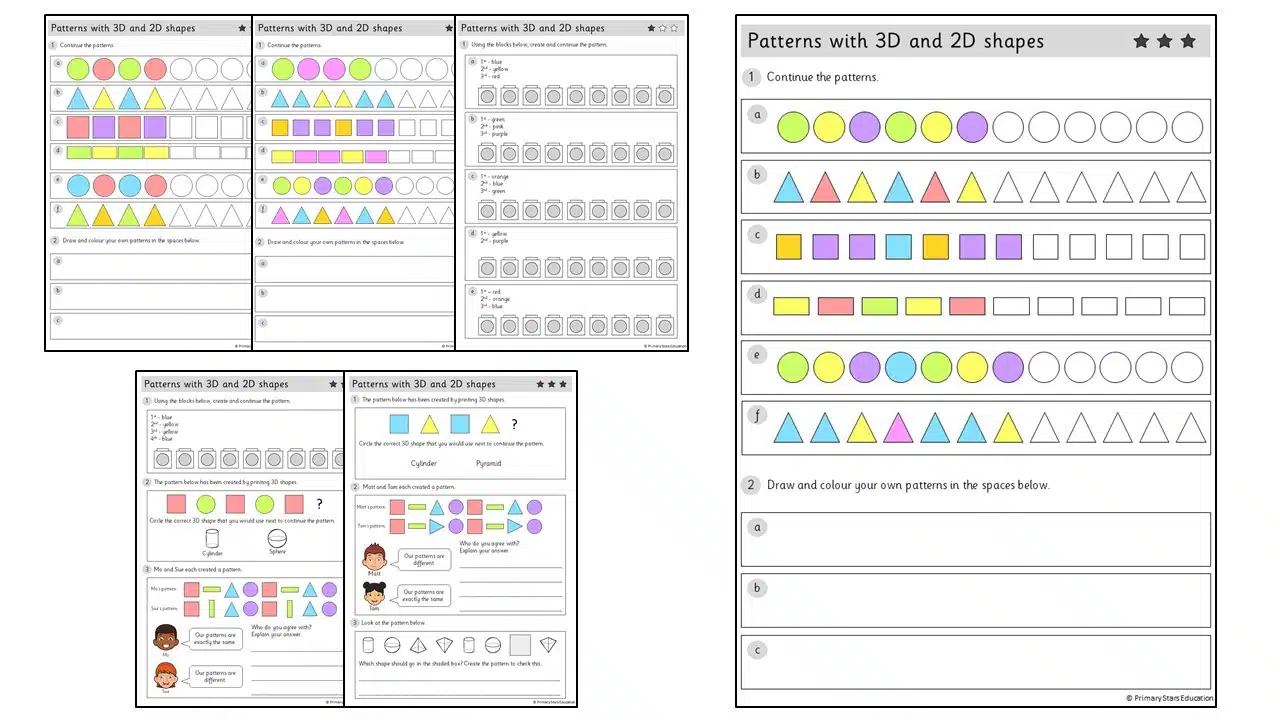 Patterns with 2222D and 22D shapes  Worksheets – Primary Stars Education Regarding 2 Dimensional Shapes Worksheet